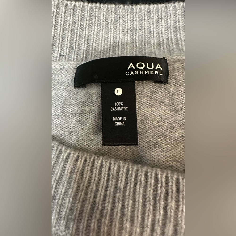 Aqua Cashmere Heather Gray Taupe Crew Neck 💯 Cashmere Sweater lace up side sz L - Picture 9 of 10